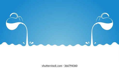 Milk flows from jug. Spray drops and white wave on blue background. Advertising label sticker template