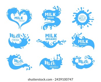 Milk flows logo set. Milk splash cartoon labels, cow or goat dairy product splash drops with lettering flat vector illustration set. Milky splash logo collection