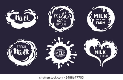 Milk flows logos. Cartoon milk splash labels, cow or goat white dairy product splash drops with lettering flat vector illustration set. Milky splash logo collection