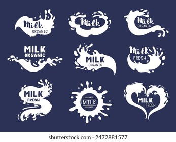 Logotipos de flujos de leche. Etiquetas de salpicadura de leche blanca, gotas de salpicadura de productos lácteos con juego de Ilustraciones vectoriales planas con letras. La leche salpica la colección