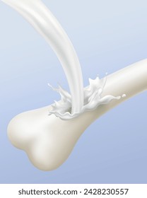 Milk flows on the bone The concept of nutrients from milk and vitamins strengthens bones. Realistic vector illustration file.