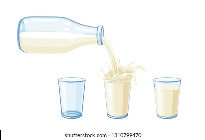 The milk flows out of the bottle and fills three glasses with a splash. Vector illustration cartoon flat icon isolated on white.