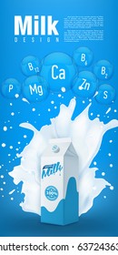 Milk flyer design vector illustration with splash and milk packaging carton