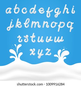 Milk font with latin letters. White milk hand drawn alphabet with liquid letters on background with milk splashes. Vector