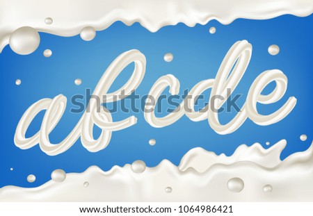 Milk font set with letters a, b, c, d, e. Milk, yogurt or cream alphabet set with border, splashes and drops. Dairy design element. 3d realistic vector illustration. White type. 