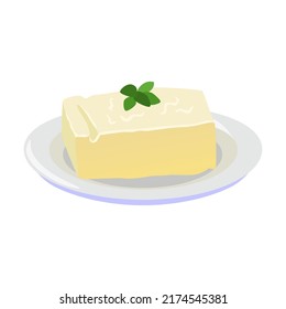 Milk food. Butter brick, bowl with curd, slice of cheese, yogurt cup, sour cream in pot. Vector illustration for dairy product