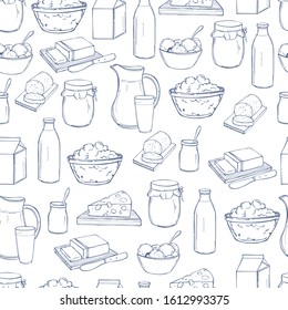  Milk food. Butter, cheese, sour cream, yogurt and cream on a white background. Vector seamless pattern.