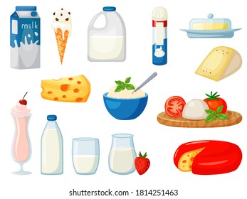 Milk food cartoon. Dairy milk food product isolated vector set on white. Farm foodstuff assortment illustration. Milk, ice-cream, cheese, sour cream, yogurt, kefir, butter in pack collection