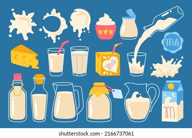 Juego de caricaturas de comida para leche. Comestibles agrícolas, queso y yogur, bebidas en vidrio, jarra, botella o envase de cartón. Las salpicaduras de leche en blanco gotean. Elemento gráfico de productos lácteos naturales