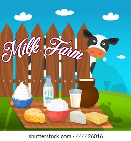 Milk food concept with farm, where on the table stand milk food and title on fence vector illustration