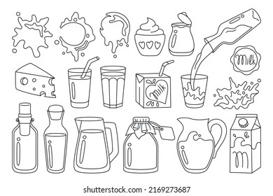 Milk food doodle set. Farm foodstuff cheese and yogurt, drink in glass, jug, bottle or carton package line design. White pouring milk splashes drops drip. Natural dairy products graphic element