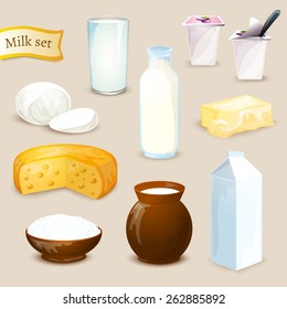 Milk food and drink products decorative icons set with yogurt cheese butter isolated vector illustration