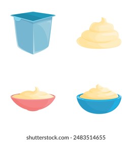 Iconos de comida de leche conjunto de dibujos animados Vector. Yogur, crema agria y mayonesa. Desayuno, comida saludable