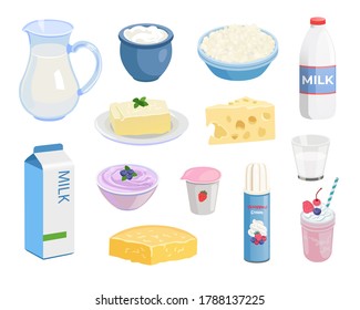 Milk food set. Bottle and cardboard pack of milk, bowl with curd, slice of cheese, yogurt cup, butter brick, sour cream in pot. Vector illustration for dairy product, breakfast, healthy food concepts