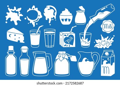 Milk food symbol set. Farm foodstuff cheese and yogurt, drink in glass, jug, bottle or carton package line design. White pouring milk splashes drops drip. Natural dairy products graphic element