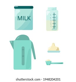 Milk formula for artificial feeding of the child. A set of elements of a jar, a measuring spoon, a bottle and a teapot