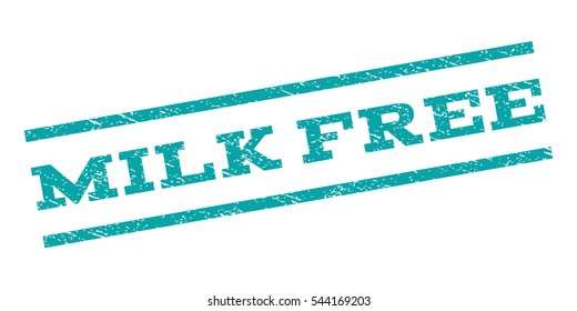 Milk Free watermark stamp. Text caption between parallel lines with grunge design style. Rubber seal stamp with dust texture. Vector cyan color ink imprint on a white background.