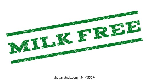Milk Free watermark stamp. Text tag between parallel lines with grunge design style. Rubber seal stamp with dirty texture. Vector green color ink imprint on a white background.