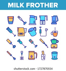 Milk Frother Device Collection Icons Set Vector. Milk Frother Kitchen Electronic Equipment, Utensil Kitchenware, Mixer Machine Concept Linear Pictograms. Color Illustrations