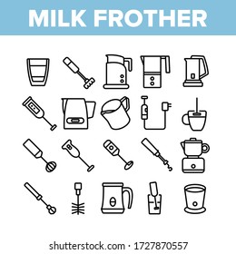 Milk Frother Device Collection Icons Set Vector. Milk Frother Kitchen Electronic Equipment, Utensil Kitchenware, Mixer Machine Concept Linear Pictograms. Monochrome Contour Illustrations