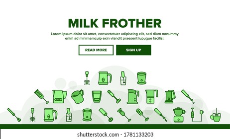 Milk Frother Device Landing Web Page Header Banner Template Vector. Milk Frother Kitchen Electronic Equipment, Utensil Kitchenware, Mixer Machine Illustrations