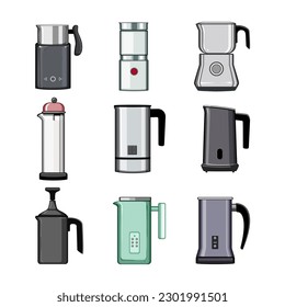 milk frother set cartoon. equipment foam, tool blender, mixer foamer, coffee bubbles milk frother sign. isolated symbol vector illustration