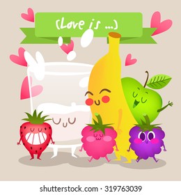 Milk and fruits apple, banana, strawberry, raspberry, blackberry. A set of cute fruit. Illustration with funny characters. Love and hearts.  Funny food. 