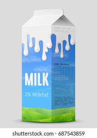 Milk gable top carton close up. Cow milk package isolated on gray