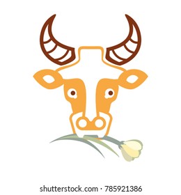 Milk Gives Cow. Cute vector template of a portrait of a cow munching grass. Sticker for the design of eco-friendly dairy products.