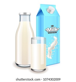 Milk glass bottle and box packaging 3d realistic vector