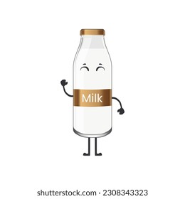 Milk glass bottle cute character. Vector illustration mascot figure template in trendy funny kawaii style. Top choice of World Milk Day design element. Editable graphic resources for many purposes. 