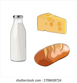 Milk in glass bottle. Fresh baked crusty bread. Yellow swiss slice of cheese. Cheddar cheese with holes. Dairy food set. Vector graphic illustration