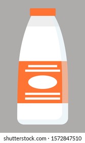 Milk in glass bottle, isolated dairy products. Container with emblem and info of beverage. Reservoir with organic beverage, natural and ecological food with vitamins and lactose. Vector in flat