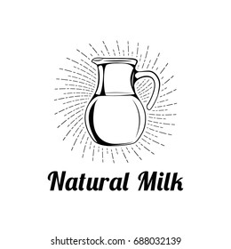 Milk glass bottle jar cartoon illustration. Kitchen utensil. Dairy production label. Food ingredients badge. Vector isolated on white background