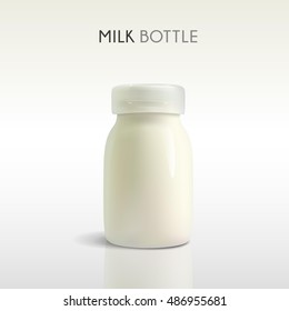 Milk glass bottle template, plastic cap and glass bottle filled with milk isolated on white background