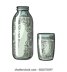 Milk glass and bottle. Vector engraving vintage color illustration. Isolated on white background.