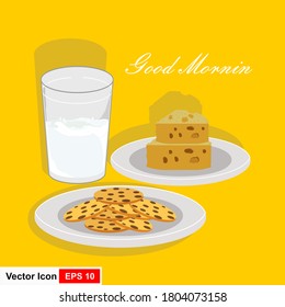 El concepto de Leche y Galletas. Ilustración vectorial del desayuno saludable con texto.