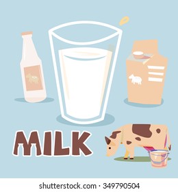 milk in glass cup with box and bottle of milk - vector illustration