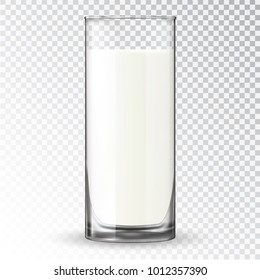 Milk in a glass. Dairy product in a clear glassful beaker. Transparent vector glass with milk. Breakfast, protein rich dairy product. Transparent photo realistic vector illustration.