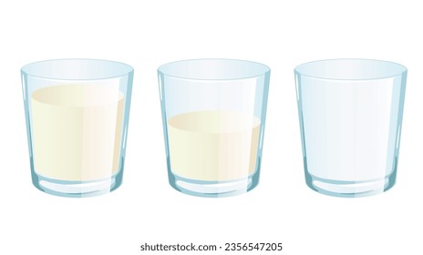 Milk glass full empty half cup isolated concept. Vector flat graphic design illustration
