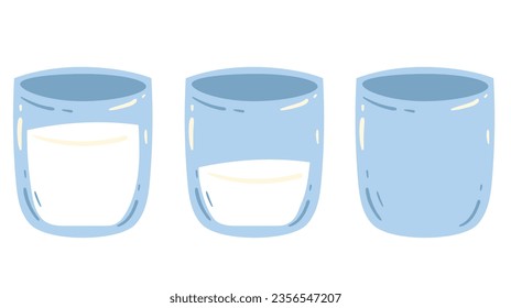 Leche de vidrio lleno medio taza vacía concepto aislado. Ilustración de diseño gráfico plano vectorial
