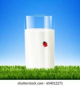 Milk Glass With Grass And LadyBug Gradient Mesh, Vector Illustration