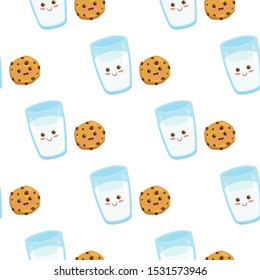 Milk glass and happy cookie with chocolate chips cartoon characters. Vector kawaii drink illustration in cute cartoon style designed in seamless pattern on white background.