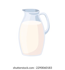 Milk in glass jug. Transparent pitcher full of dairy milky product. Kitchen container, decanter with healthy calcium liquid drink, cream. Flat cartoon vector illustration isolated on white background