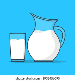 Milk In Glass And Jug Vector Icon Illustration. Pitcher With Milk Flat Icon