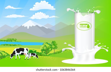 Milk glass on milk splash. Beautiful nature landscape mountain and meadow fields with cows.