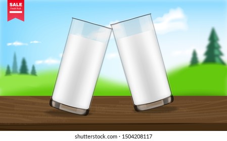 Milk glass realistic, organic product, package mock up, farm products, landscape background vector illustration