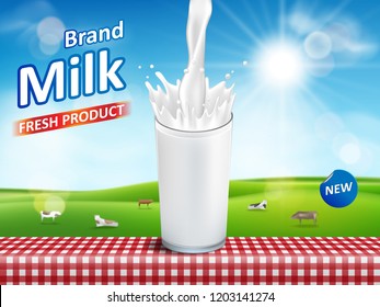 Milk glass with splash isolated on bokeh background with cows. Milk products package design. dairy Vector illustration ads