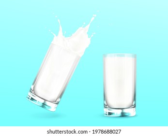 Milk in glass with splash. White dairy drink in transparent cup isolated on blue background. Vector realistic set of glass full of fresh liquid cream, milkshake or yogurt