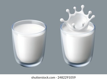 Vaso de leche y salpicaduras de leche en un vaso. Leche o yogur vertido en un vaso. Imagen de Vector 3D realista en estilo de dibujos animados